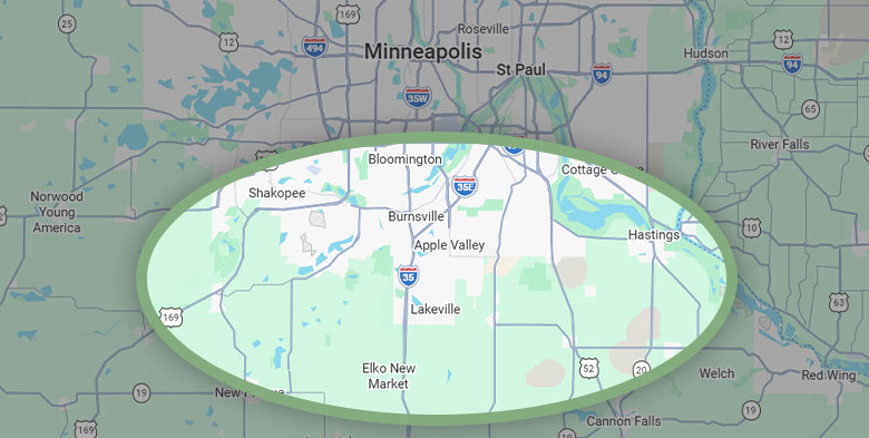 Map of Twin Cities MN area and circled southern Metro